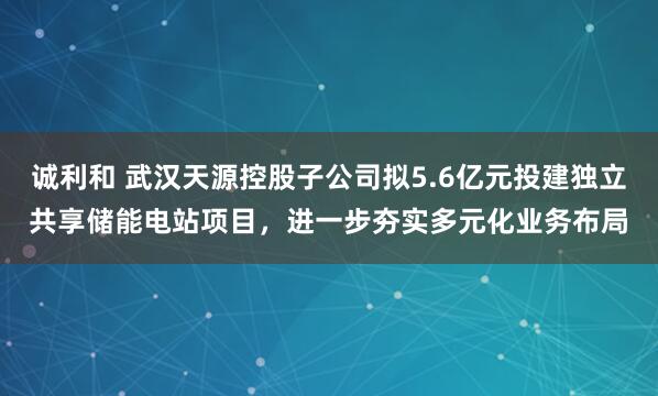 诚利和 武汉天源控股子公司拟5.6亿元投建独立共享储能电站项目，进一步夯实多元化业务布局